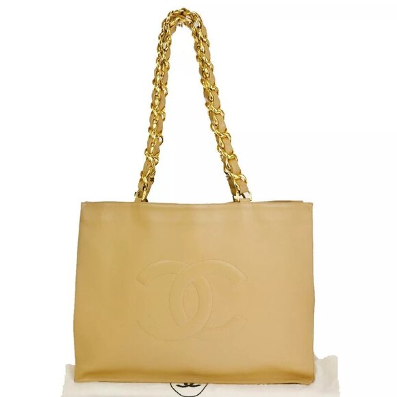CHANEL CC Logo Chain Shoulder Tote Bag Leather Beige Gold-Plated France - Picture 1 of 16